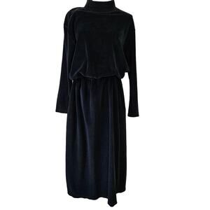 Vintage Eddie Bauer Velour Midi Dress‎ M Black Long Sleeve Mock Neck 90s